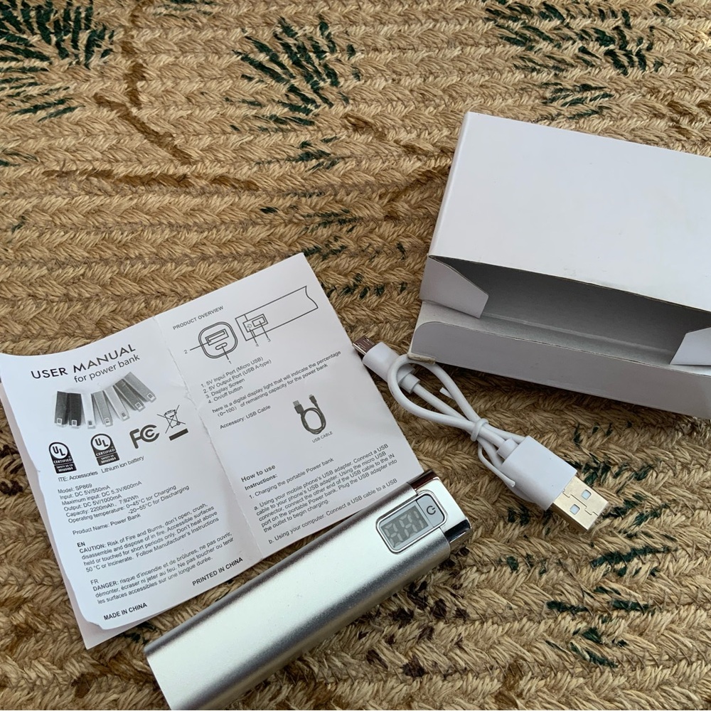 Portable Silver Power Bank with USB Cable